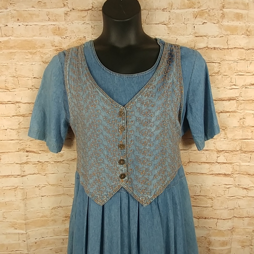 Vintage Stuart Alan Denim vest dress pleated Sz 16